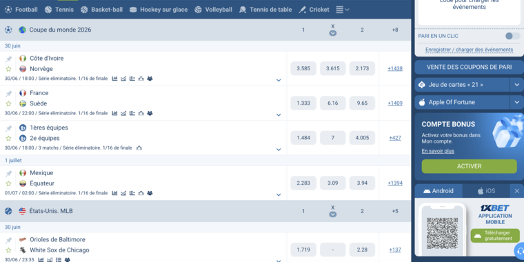 1xBet Guinée, paris en direct (live)
