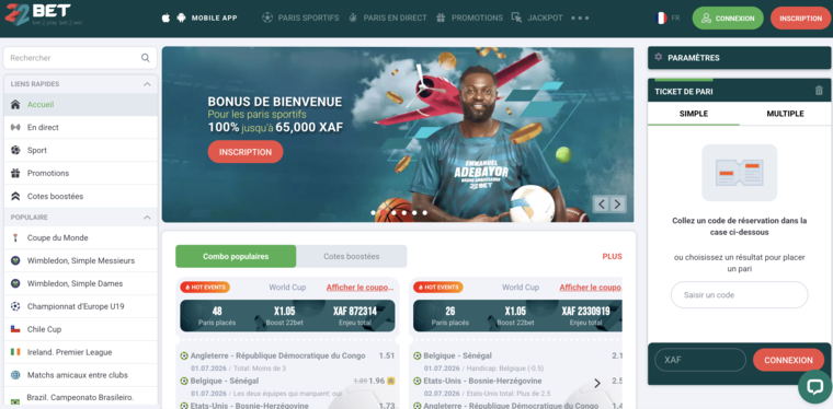 22bet Guinée, page d'accueil paris sportifs